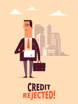 Vector flat design illustration of bank applicant who ireceive credit rejection. Interesting concept for bank credit policy