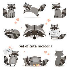 Collection isolated funny raccoon. Emotion little raccoon. Vector set cute raccoon. - obrazy, fototapety, plakaty