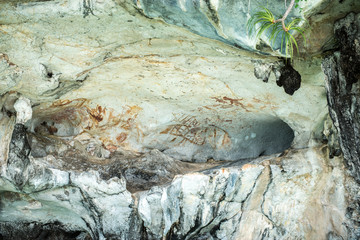 Ancient paintings on cave wall in Phang Nga National Park Thailand