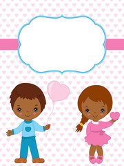 Vector Valentine's Card Template with Cute African American Little kids on Hearts Background. 