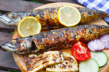 Grilled sea mackerel fish. Omega 3 fats. Outdoor picnic