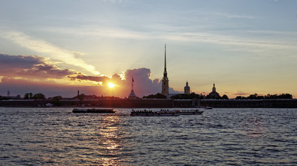 Peter and Paul fortress on Neva river at sunset during the white nights in St. Petersburg, Russia.