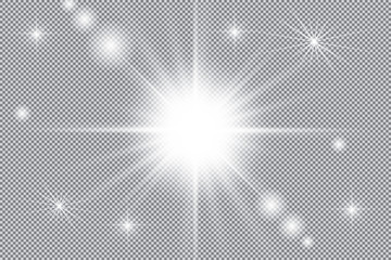 Glowing lights effect, flare, explosion and stars. Special effect isolated on transparent background.