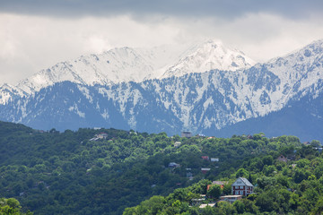 Summer mountain landscape, snow tops, fog in the mountains