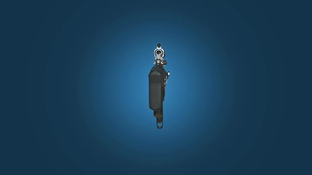 Assault rifle, firearm, automatic weapon rotating on blue background