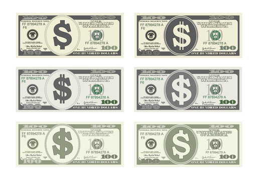 100 Dollars Banknote. Design bill one hundred dollars in six options. Suitable for discount cards, leaflet, coupon, flyer, vouchers, gift card. Vector in flat style. USD isolated on white. Horizontal.