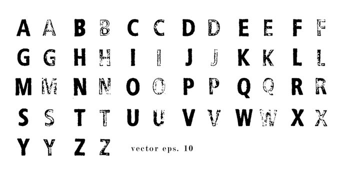 Vector latin alphabet. Lattin grange font. Modern print letters with stamp texture.