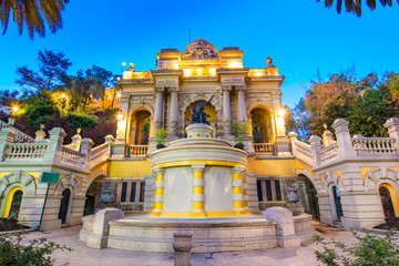 Chile, Santiago night view Neptune Fountain,Santa Lucia Hill