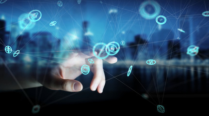 Businessman using flying network connection interface 3D rendering