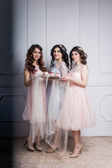 beautiful delicate bachelorette party in airy pink dresses three girls girlfriends sister models hold handmade cupcakes on a tray are smiling on white background