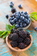 Fresh summer wild blueberries and brambleberry, blackberry in stone bowls
