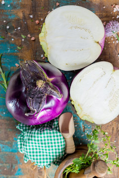 Violet eggplant, fresh healthy vegetables
