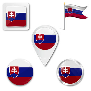 Set of icons of the national flag of Slovakia in different designs on a white background. Realistic vector illustration. Button, pointer and checkbox.