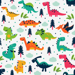 Fototapeta premium Adorable seamless pattern with funny dinosaurs and trees
