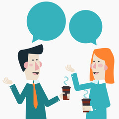 Fototapeta na wymiar Smiling business colleagues drinking coffee and talking. Business man and woman with dialog speech bubbles on white background