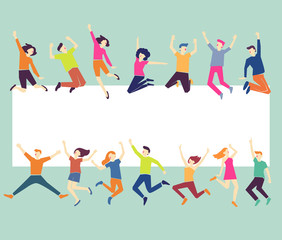 Group of young people jumping on pastel green background with white copy space