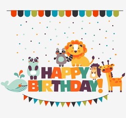 Happy birthday - lovely vector card with funny animals in bright colors