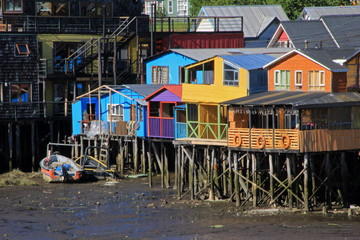 Fototapeta na wymiar Palafito houses on stilts in Castro, Chiloe Island, Patagonia, Chile