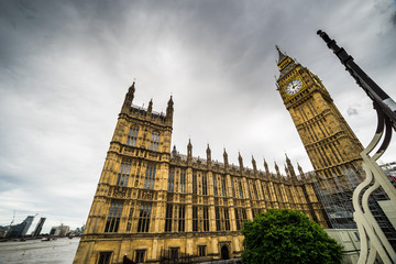 Big Ben, the House of Parliament, wide angle view from Westminster Bridge, London, UK