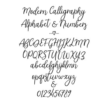 Hand drawn alphabet. Brush painted letters: lowercase and uppercase. Numbers and ampersand. Font isolated on white. Typography alphabet for your design: logo, web banner, wedding decor, invitation.