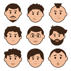 Flat set of men, avatar with different emotions, vector illustration