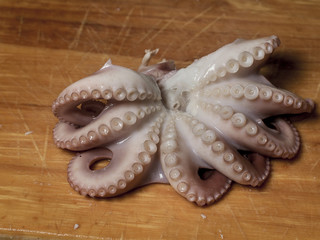 Boiled octopus on a wooden surface.