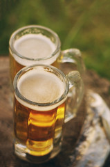 Two glasses of beer and salty fish, soft focus. Beer and snack to beer.