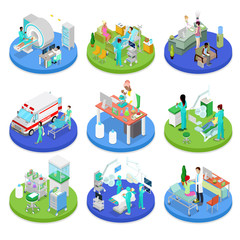 Obraz premium Isometric Medical Clinic. Health Care Concept. Hospital Room, Dentist, MRI. Vector flat 3d illustration