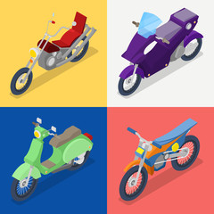 Naklejka premium Isometric Motorcycle Set with Mountaine Bike and Scooter. Vector flat 3d illustration