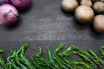 Champgnon Mushrooms, Rosemary and Onions on a Board