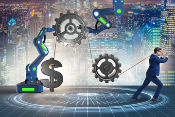 Businessman pulling mechanism and raising dollar