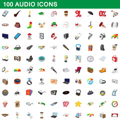 100 audio icons set, cartoon style