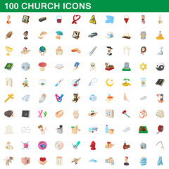100 church icons set, cartoon style