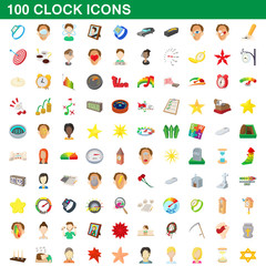100 clock icons set, cartoon style