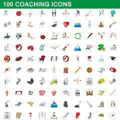 100 coaching icons set, cartoon style