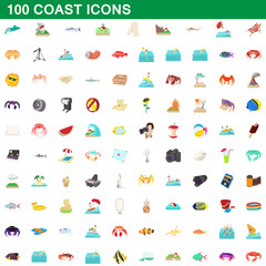 100 coast icons set, cartoon style