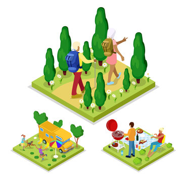 Isometric Outdoor Activity. Family Barbeque Grill and Camping. Healthy Lifestyle and Recreation. Vector flat 3d illustration