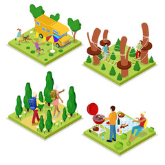 Isometric Outdoor Activity. Mountain Bike, Camping and Barbeque. Healthy Lifestyle and Recreation. Vector flat 3d illustration