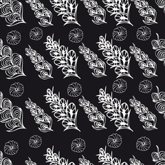 Black and white hand drawn zentangle seamless pattern with floral and natural elements.