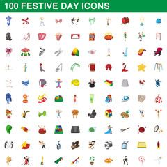 100 festive day icons set, cartoon style