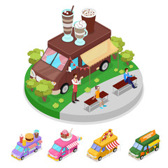 Isometric Street Food Truck Cafe with People. Vector flat 3d illustration