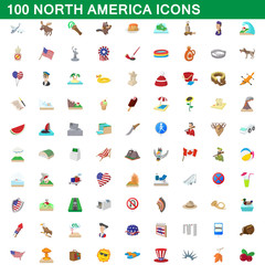 100 north america icons set, cartoon style