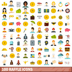 100 raffle icons set, flat style