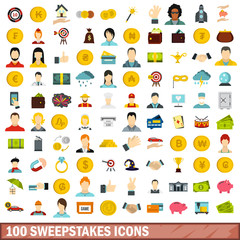 100 sweepstakes icons set, flat style