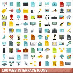 100 web interface icons set, flat style