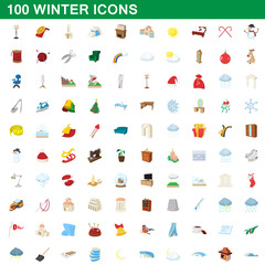 100 winter icons set, cartoon style