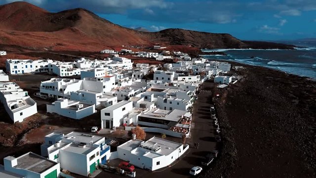 Flying over El Golfo village, Lanzarote, Canary Islands, Spain