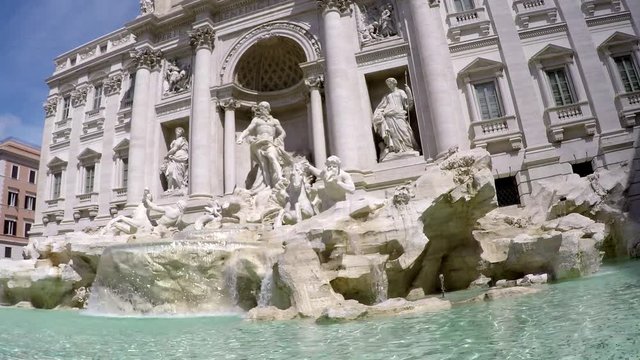 Fish eye lens footage just above water of Trevi Fountain in Italian Fontana di Trevi a fountain in Trevi district in Rome Italy showing light blue water and famous fountain building and crisp blue sky