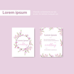 Wedding card, invitation, greeting, with flowers and branches of a blooming magnolia in pink and purple.