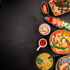 Various of asian meals on rustic background , top view , place for text.